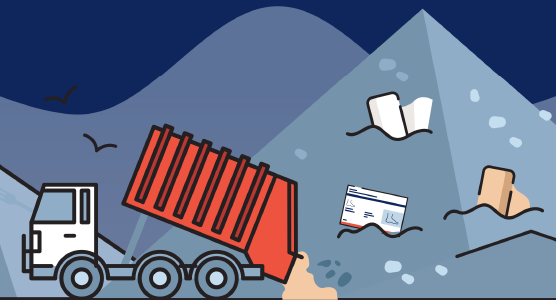 Illustration of a waste lorry dumping waste at landfill