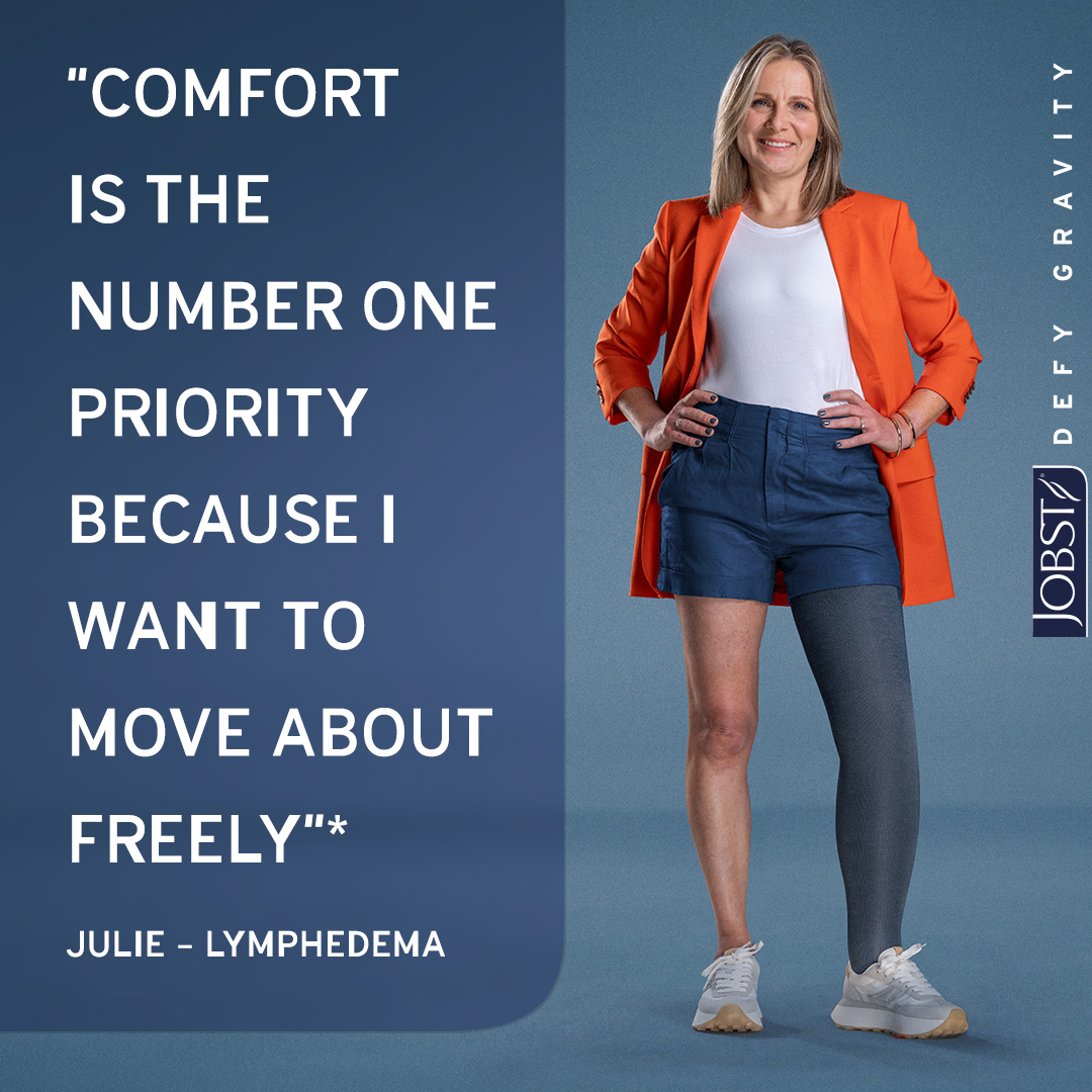 Julie lymphoedema patient wearing compression on left leg with quote 'Comfort is the number one priority because I want to move freely'